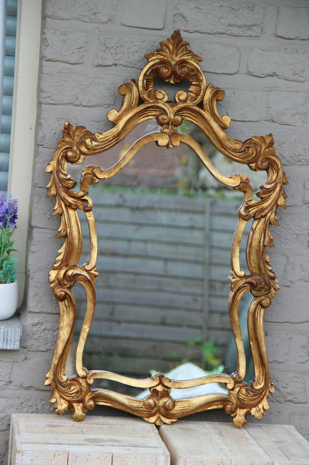 Hollywood Regency Italian mid century Wood carved gold gilt mirror Lou