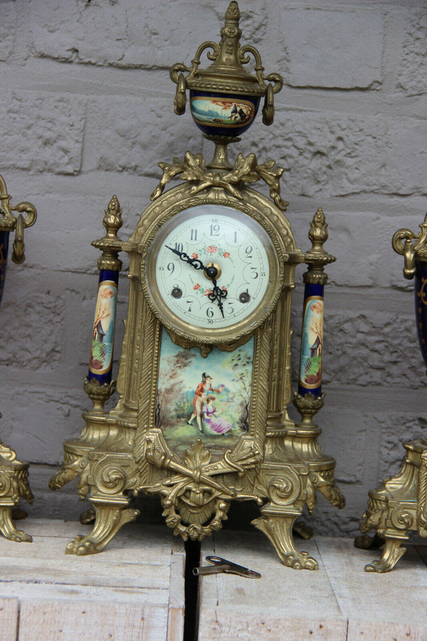 French Porcelain Clock set urns vases victorian romantic scenes