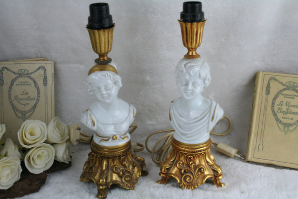 PAIR Italian capodimonte Tyche tosca porcelain buste boy girl lamp marked shade