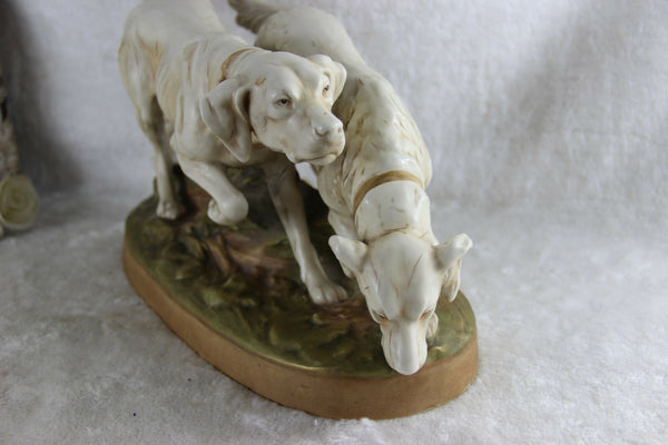 Superb pair antique Royal Dux porcelain  marked hunting dogs statue group