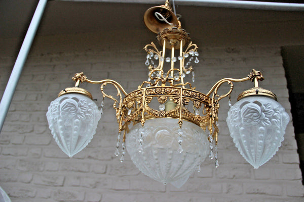 French Chandelier brass glass gothic dragon arms louis XVI decor  1960 n1