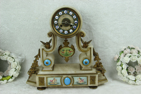 Antique French alabast marble clock bronze birds sevres putti porcelain plaques