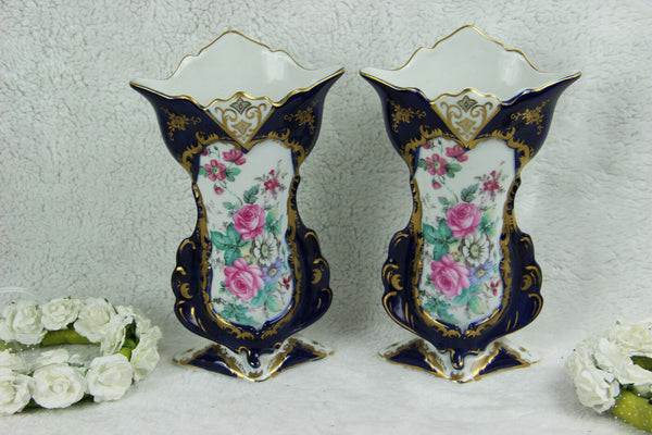 PAIR vieux paris french porcelain vases floral decor