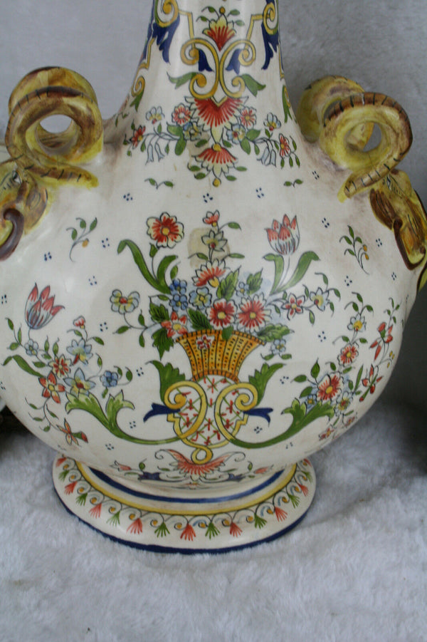 Antique French Rouen Flask 19thc marked floral Satyr devil heads faience