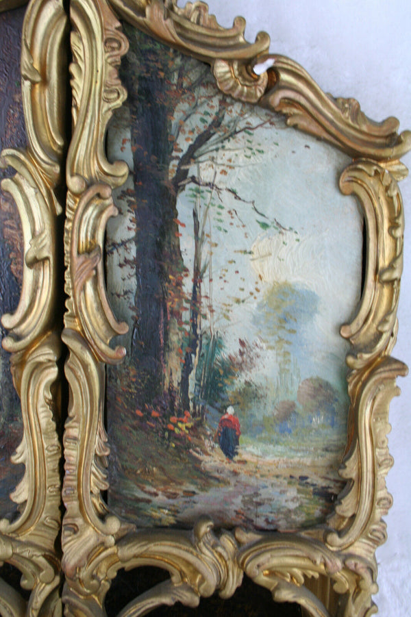 Unusual Tryptich Oil panel painting Dutch School signed louis XVI frame 1920