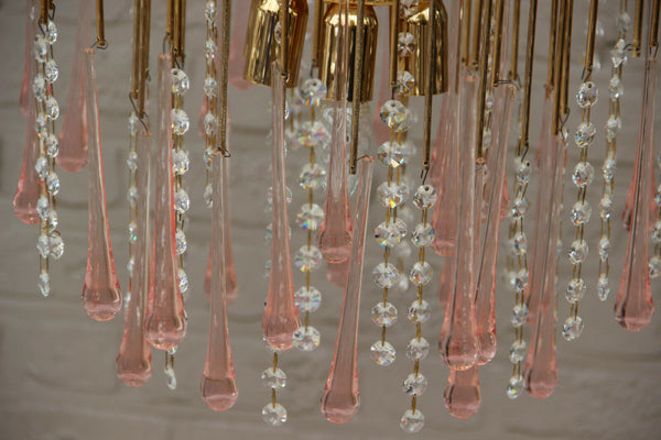 Vintage italian Mid century Murano drops pink clear glass Chandelier 1970 n1