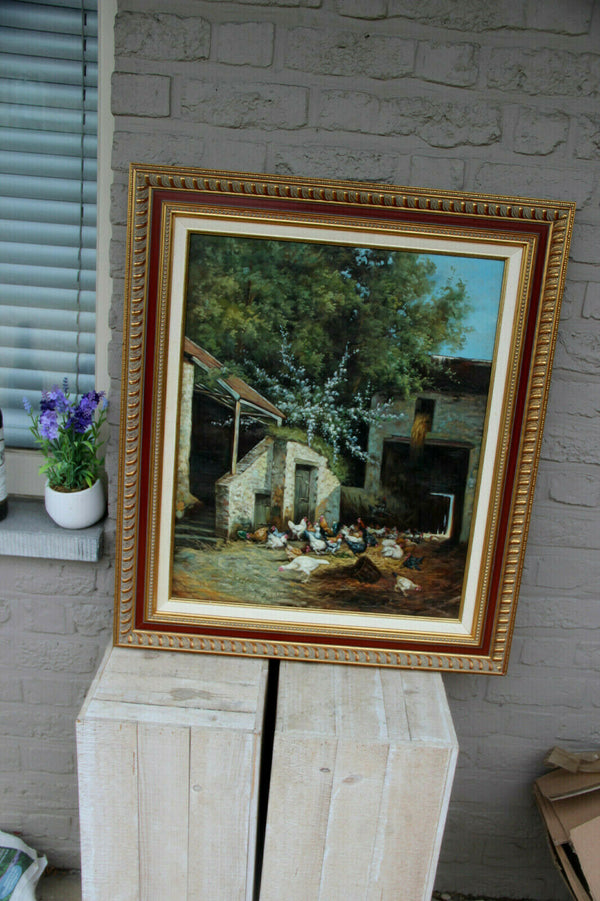 Gorgeous Flemish oil canvas painting Chicken family Farm stable signed