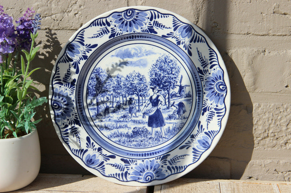 Vintage DELFT blue white pottery plate marked summer season