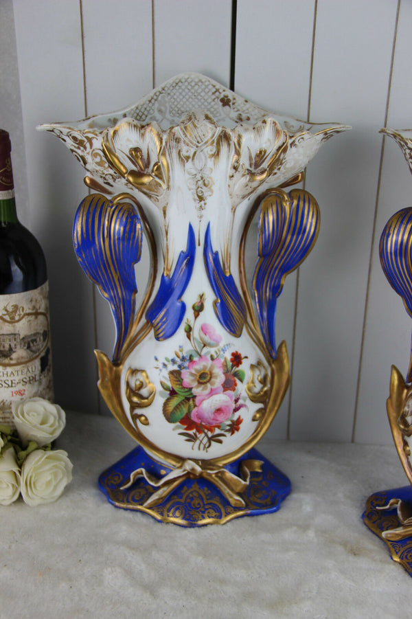 PAIR French antique 1900 Vieux paris top porcelain Vases hand paint floral decor