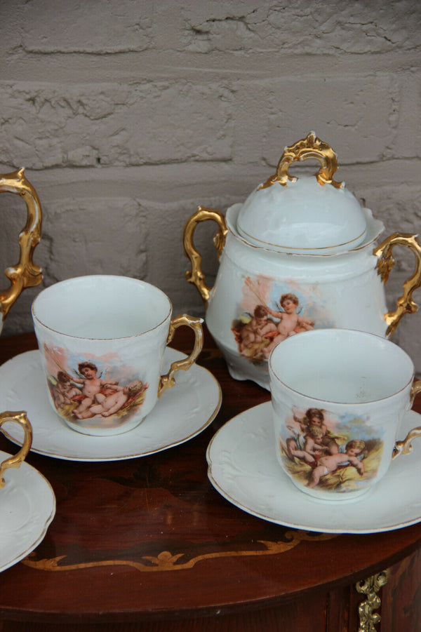 Rare French antique porcelain putti angel coffee milk sugar tea cups set