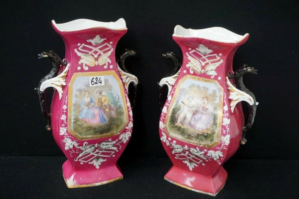 PAIR antique 1900 Vieux paris porcelain Dragon gothic handle Vases romantic