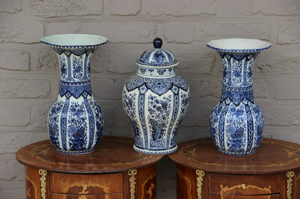 SET of 3 DELFT sphinx royal pottery blue white Vases floral decors marked