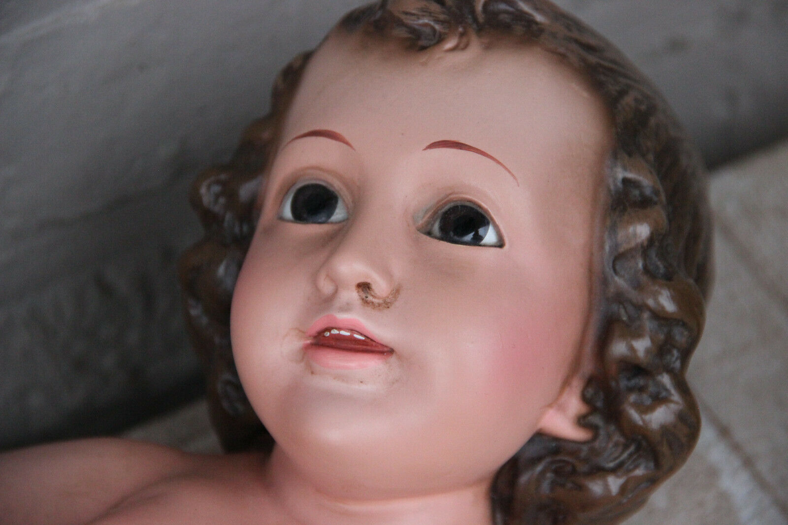 Antique rare XL Baby Jesus Terracotta polychrome glass eyes