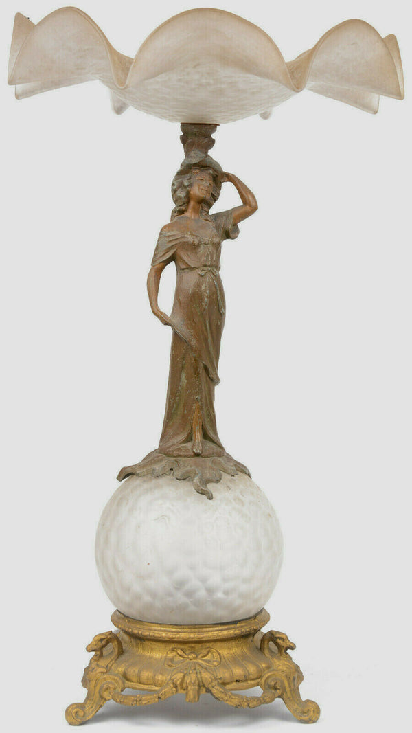 Antique French art nouveau spelter lady figurine glass bowl centerpiece dragons