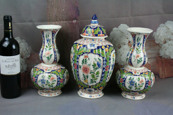 Set of 3 DELFT polychrome pottery Vases Marked floral decor mantel garniture