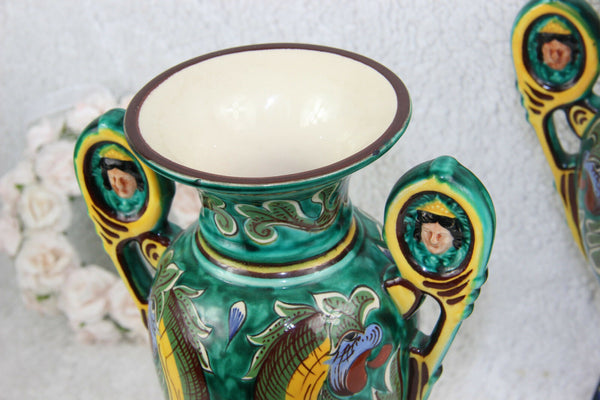 Antique pair French Barbotine majolica queen elizabeth mythological dragon vases