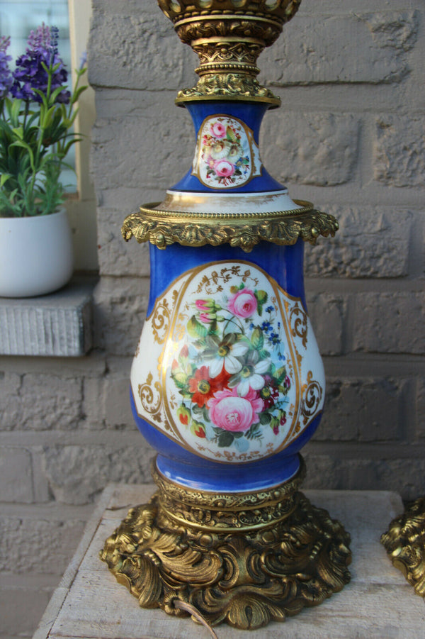 Antique pair 19thc french vieux paris porcelain table lamps portrait floral