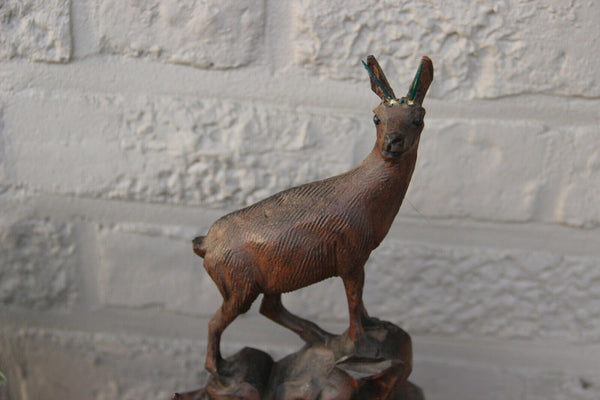 Rare Antique Swiss Black Forest wood carved hunt deer Animal Barometer