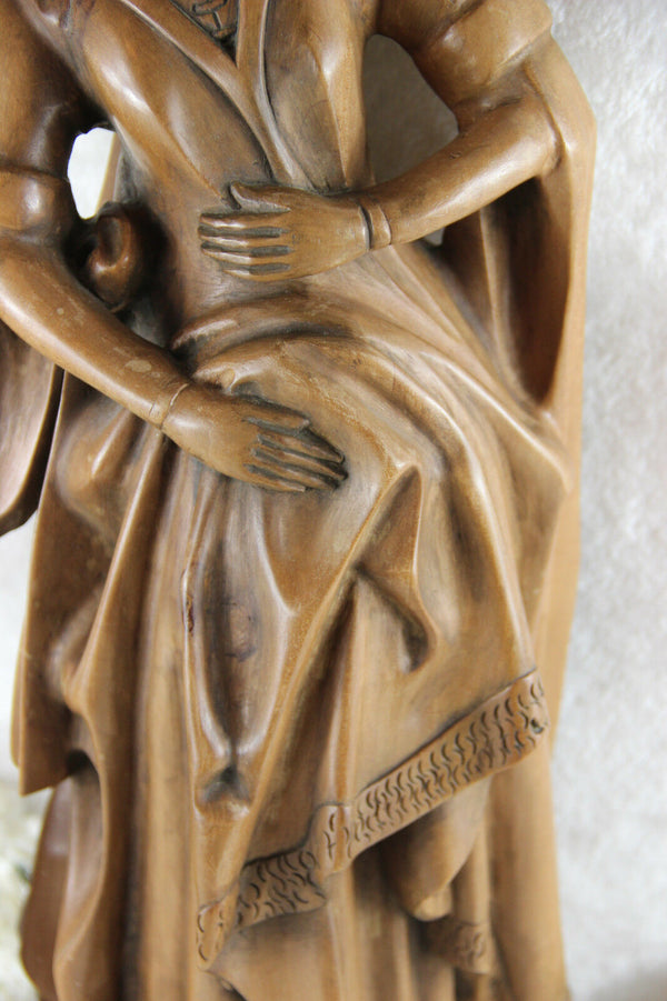 Antique LARGE Wood carved religious statue MAry of Burgundy signed