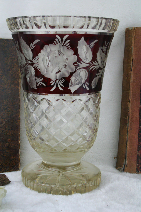 XL  Bohemian  Czech Red Crystal Glass Floral etched Vase rare model 60's