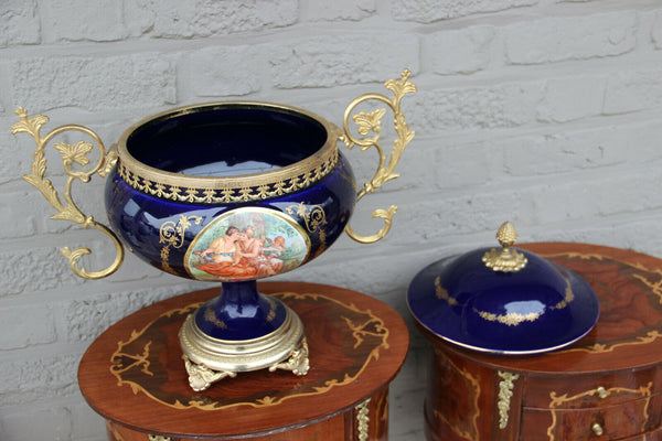 huge French cobalt blue porcelain centerpiece lidded bowl victorian scene