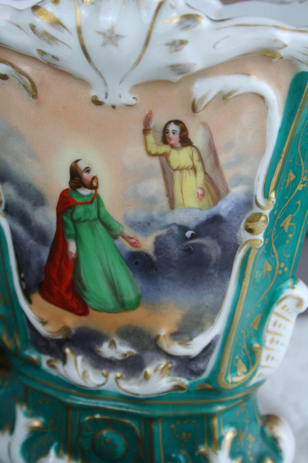 PAIR antique 1900 vieux old paris porcelain Religious Jesus Madonna vases scenes