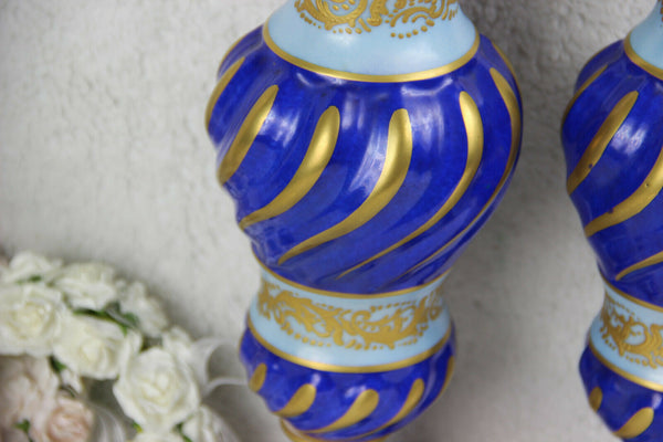 PAIR French antique barley twist Blue Vases in sevres porcelain marked