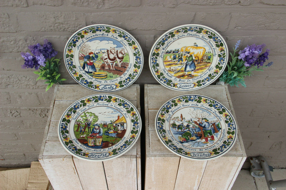 Vintage Delft Goedewagen marked 4 season pottery polychrome plates