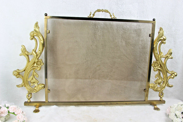 French vintage bronze glass fireplace screen louis XVI decor 1960