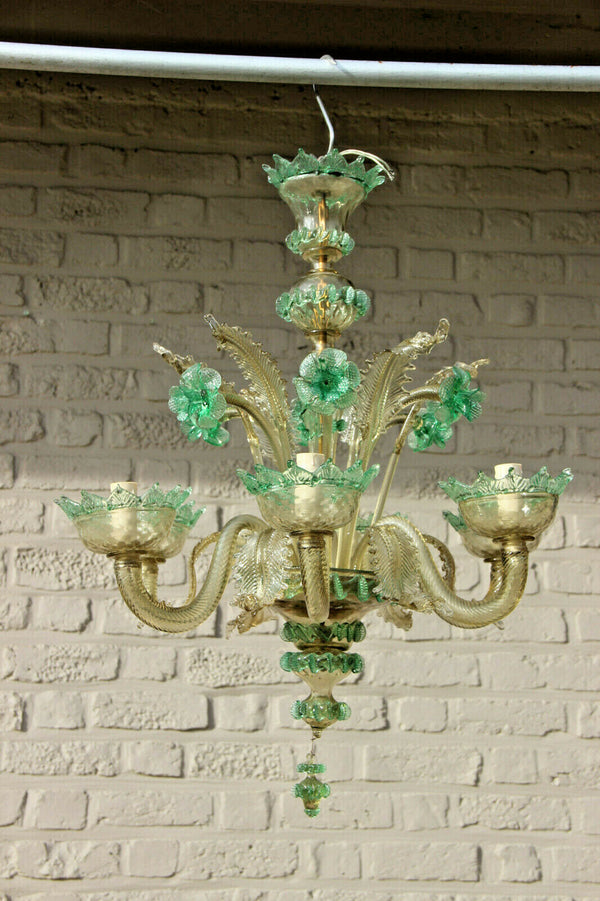Rare murano green amber colour 6 arms hand blown glass chandelier 1970 Italy