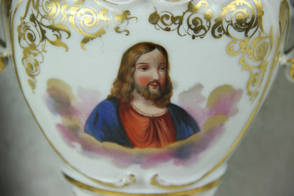 Rare XL Antique french Vieux PARIS porcelain religious altar Jesus Mary Vases
