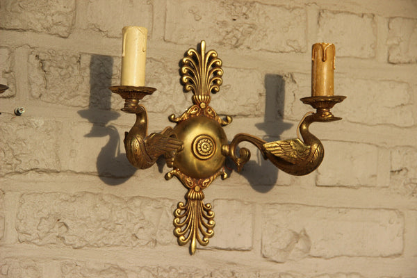 PAIR French bronze empire Swan figurine animal Wall lights sconces