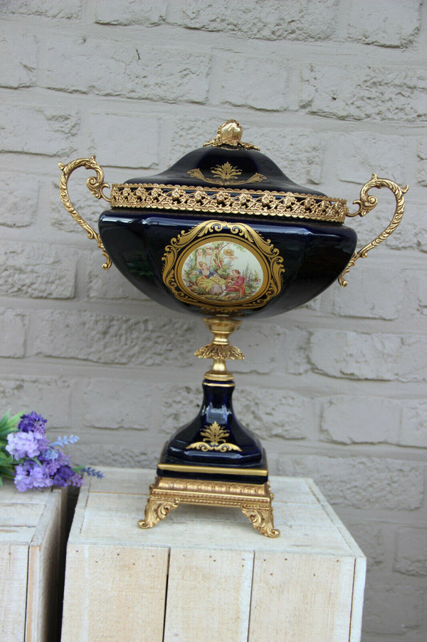 French Limoges cobalt porcelain centerpiece lidded bowl vase Victorian scene