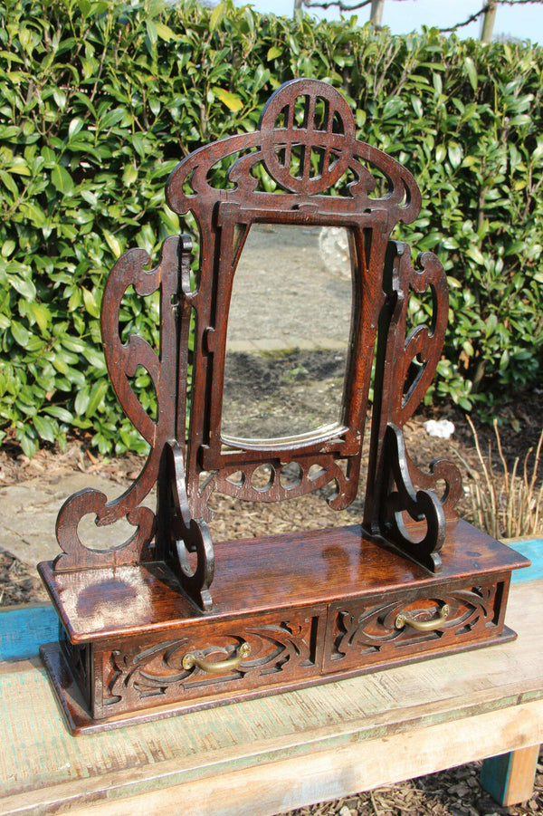 Art nouveau jugendstil German black forest wood carved vanity dresser mirror