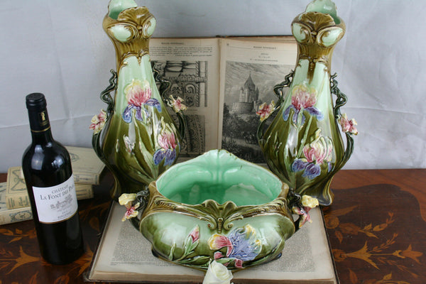 BARBOTINE VASES set Art nouveau 1900 France floral majolica 3 pieces