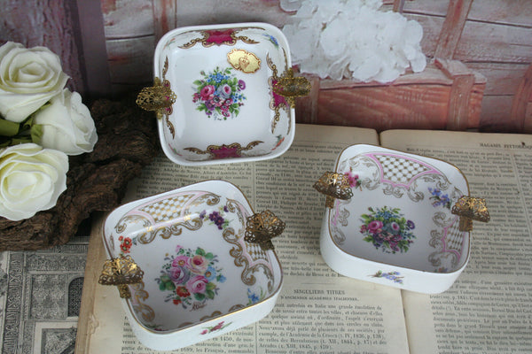 Set of 3 French limoges porcelain ashtrays marked floral