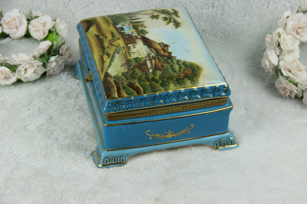 French Blue lidded Box landscape in sevres porcelain