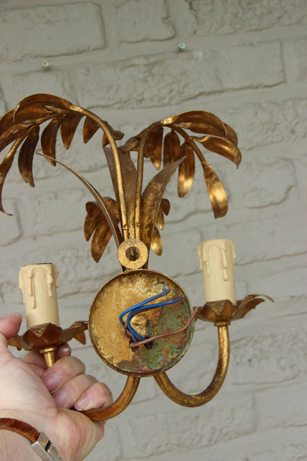 PAIR  1970 Palm tree metal gold gilt sconces wall lights attr Hans Kogl