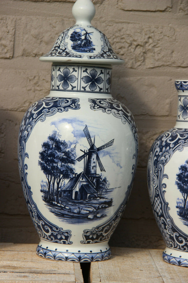 Set 3 Vintage DELFT blue white pottery Mill landscape dutch Vases mantel
