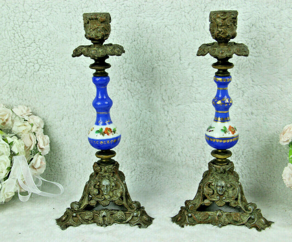 PAIR french antique Candle holders blue floral porcelain de sevres putti base