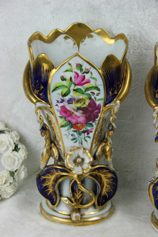 PAIR 19thc French vieux paris porcelain floral hand paint Vases