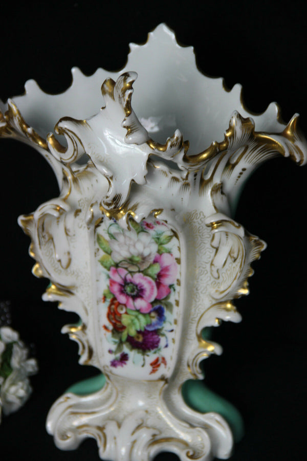 PAIR antique vieux paris porcelain Vases floral hand paint