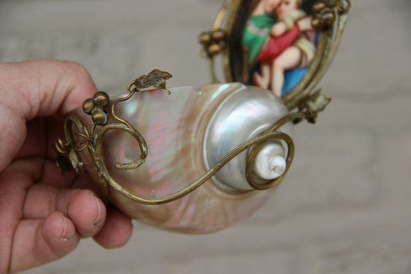 Rare antique religious mother pearl nacre holy water font porcelain Madonna