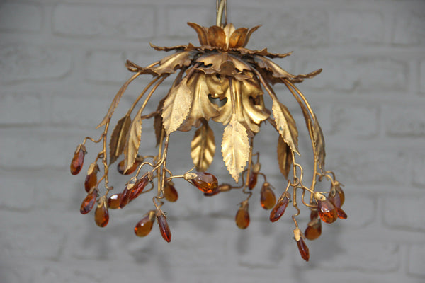 Mid century 1960 French chandelier pendant maison jansen era Amber glass drops