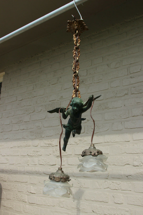 Antique French Bronze green patina putti angel chandelier pendant tulip glass