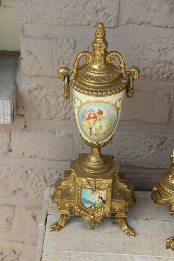 French Porcelain Clock set urns vases victorian romantic scenes