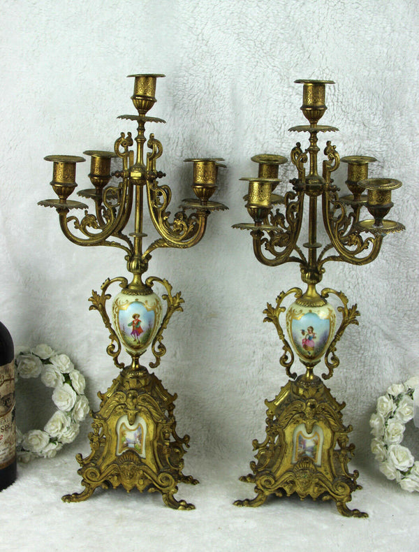 Antique French Candelabras candle holders porcelain plaques portraits