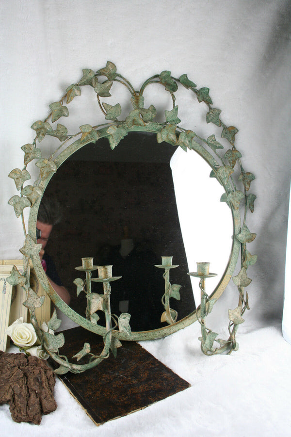 French antique 1930 Metal leaves art nouveau glass mirror with candle holders