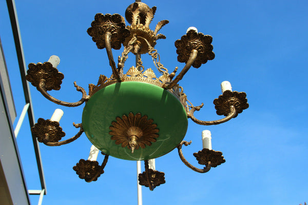 French Brass enamel Green Empire 8 arms chandelier pendant 1950