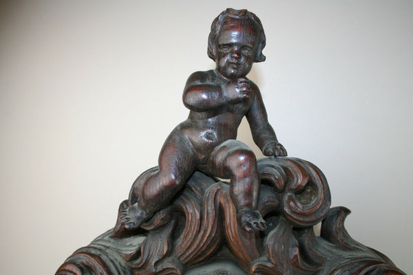 RARE! XXL Wood carved Black forest design Satyr putti 19thc French mantle clock